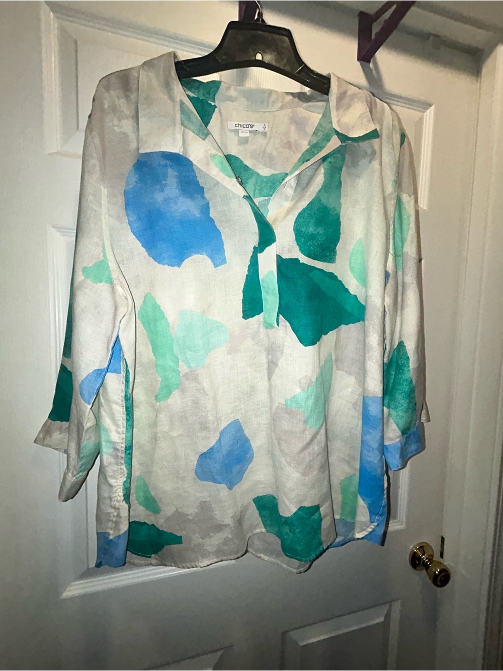 Chico's Cream Tunic with Blue & Teal Abstract Spots